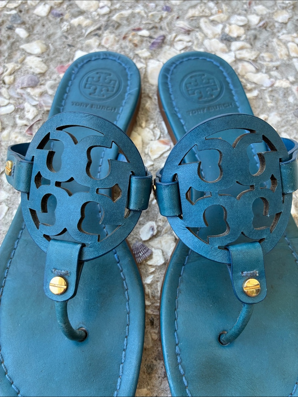 Tory Burch Royal Blue Miller Cutout Leather Thong Sandals - Picture 3 of 8